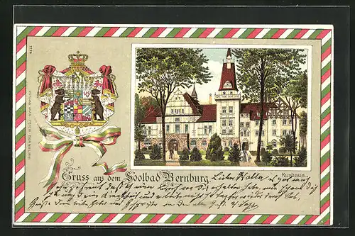 Lithographie Bernburg, Portal des Soolbads, Wappen