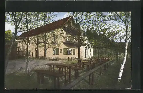 AK Heinrichsruhe b. Neustadt / Orla, Sitzbänke des Gasthauses