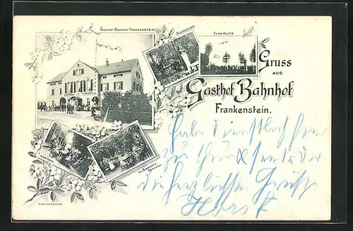 AK Frankenstein, Gasthof Bahnhof Frankenstein, Turnplatz, Garten