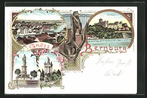 Lithographie Bernburg, Wolfgangdenkmal, Schloss, Flusspartie mit Brücke