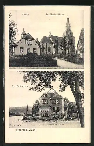 AK Rüthen i. Westf., Strasse Am Oesterentor, Schule und St. Nicolaikirche