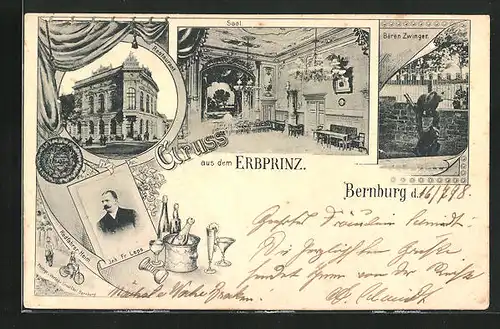 AK Bernburg, Restaurant zum Erbprinz, Innen- und Aussenansicht, Bärenzwinger