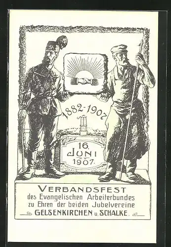 AK Gelsenkirchen, Verbandsfest des Evangelischen Arbeiterbundes 16.6.1907, Bergmann und Arbeiter
