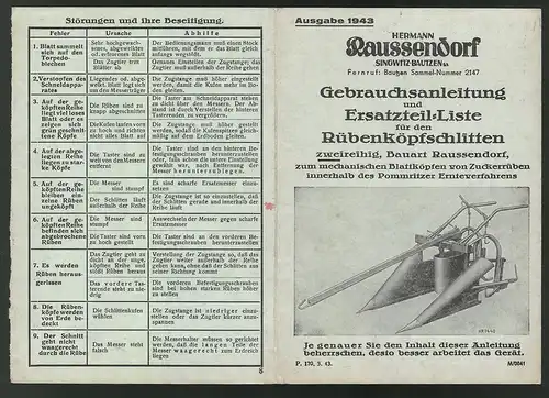 Gebrauchsanleitung & Ersatzteilliste für den Rübenköpfschlitten, Fa. H. Raussendorff, Singwitz-Bautzen