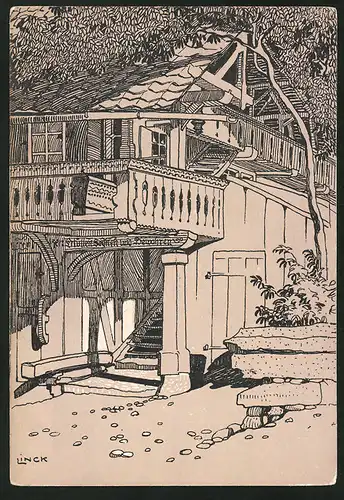 Künstler-Heimatschutzkarte Schüpfen, Malerisches Laubenmotiv, 1907