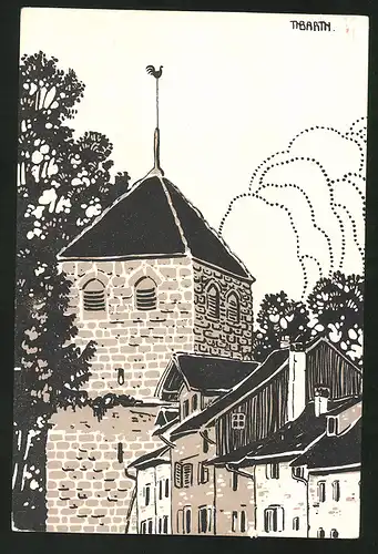 Künstler-Heimatschutzkarte Zofingen, alte Gebäude am Pulverturm