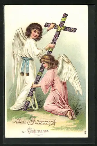 Präge-AK Glückwunsch zur Konfirmation, Engel mit Veilchenkreuz