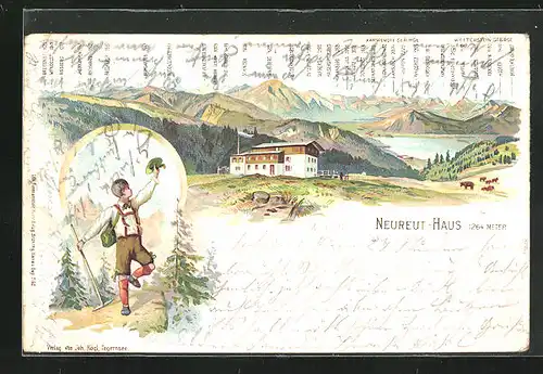 Lithographie Neureut, Berghütte mit Schinder, Baumgarten und Brechersp.