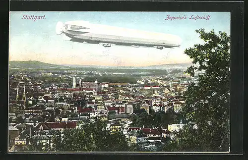 AK Stuttgart, Zeppelin`s Luftschiff über der Stadt