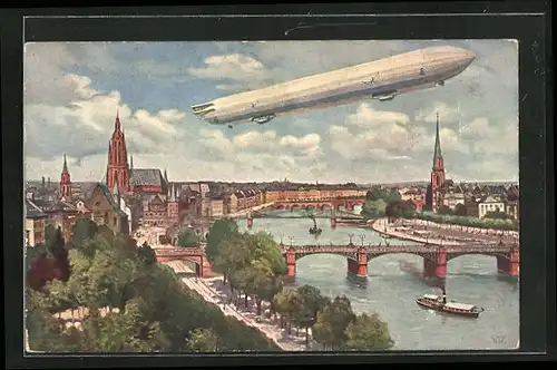 Künstler-AK Frankfurt a. M., Internationale Luftschiffahrts-Ausstellung, Zeppelin über dem Main
