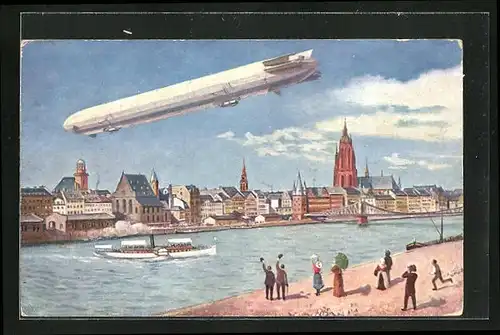 Künstler-AK Frankfurt a. M., Zeppelin über der Stadt, Dampfer auf dem Main