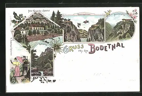 Lithographie Thale, Bodethal, Teufelsbrücke, Rosstrapfelsen und Hexentanzplatz