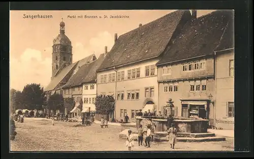 AK Sangerhausen, Markt mit Brunnen und St. Jacobikirche