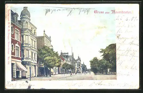 AK Neumünster, Blick auf Grossflecken Strasse im Sommer