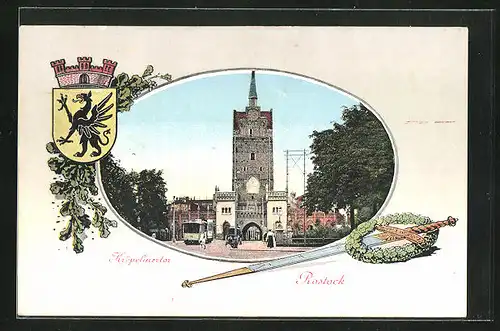 AK Rostock, Kröpelinertor mit Strassenbahn im Sonnenschein