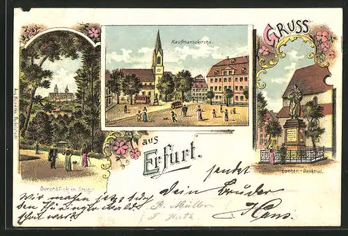 Lithographie Erfurt, Kaufmannskirche, Luther-Denkmal und Durchblick im Steiger