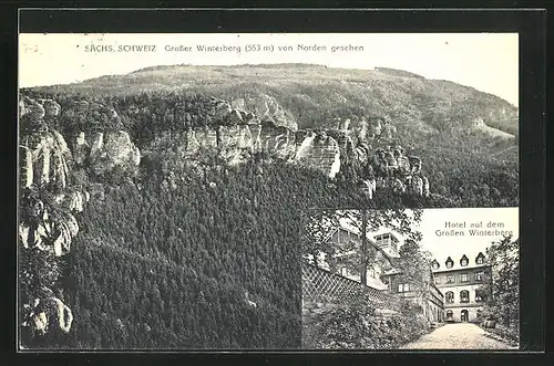 AK Grosser Winterberg /Sächs. Schweiz, Blick auf den Grosser Winterberg, Hotel und Restaurant Carl Prätorius