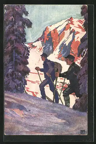 AK Heisser Aufstieg, Männer auf Skiern in den Bergen