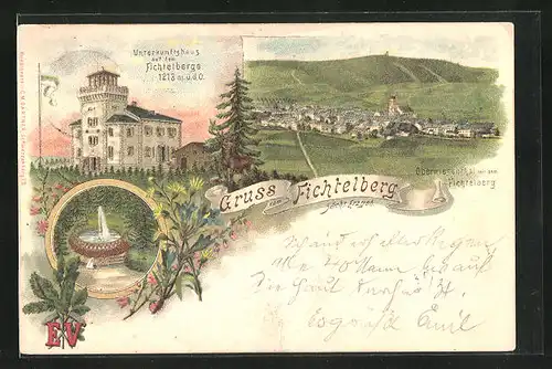 Lithographie Oberwiesenthal im Sächs. Erzgebirge, Unterkunftshaus, Teilansicht mit dem Fichtelberg, Brunnen