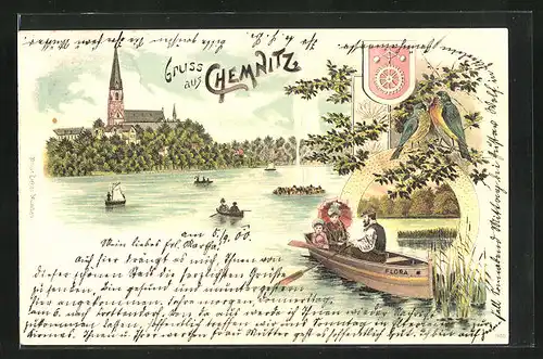 Lithographie Chemnitz, Kirche und Familie im Boot Flora
