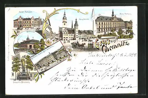 Lithographie Chemnitz, Hauptmarkt, Markthalle, Saxonia-Brunnen