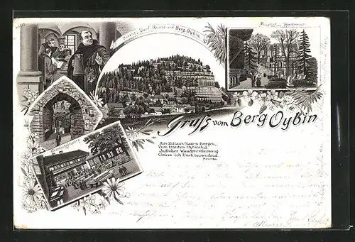 Lithographie Oybin, Gesellschaftsplatz, Kirche, Dorf, Ruine und Berg, Kreuzgang