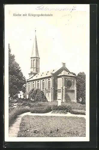 AK Schlamersdorf, Kirche mit Kriegergedenkstein