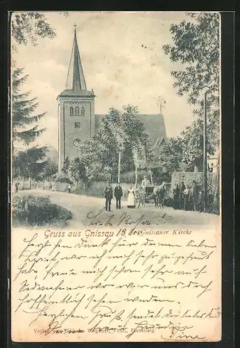 AK Gnissau, Gnissauer Kirche mit Pferdewagen