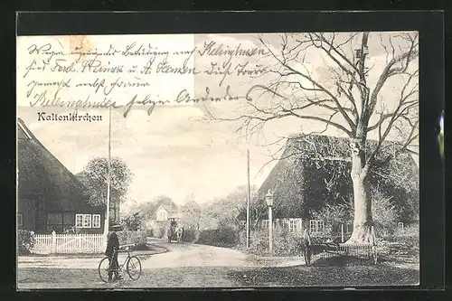 AK Kaltenkirchen, Ortspartie und Mann mit Fahrrad, Im Hintergrund Pferdewagen
