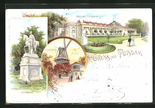 Lithographie Potsdam, Schloss Sanssouci, Denkmal Friedrich des Grossen, Historische Mühle