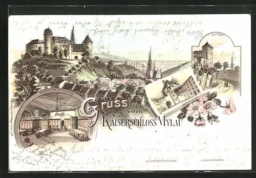 Lithographie Mylau, Schlosshof, Gästezimmer im Schloss und Zwinger