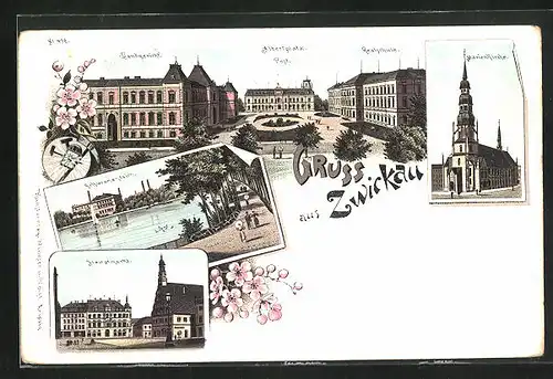 Lithographie Zwickau, Landgericht, Albertplatz und Marienkirche