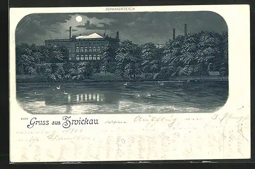 Mondschein-Lithographie Zwickau, Schwanenteich im Mondlicht