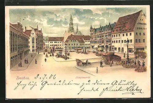 Lithographie Zwickau, Haptmarkt mit Marktständen