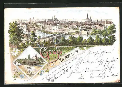 Lithographie Zwickau, Blick auf die Stadt mit Alte Paradiesbrücke