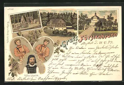 Lithographie Fürstenbrunn, Heimstätte Förstel, Köhler Schmidt, Prinzen Ernst und Albrecht