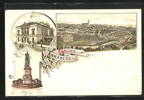 Vorläufer-Lithographie Annaberg i. Erzg., 1895, Stadttheater, Barbara Ottmann Denkmal und Blick auf den Ort