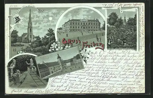 Mondschein-Lithographie Freiberg, Post, Rathaus mit Obermarkt und Jakobiekirche im Mondschein