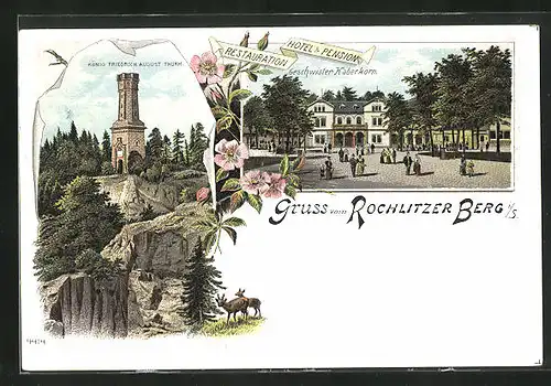 Lithographie Rochlitzer Berg i. S., Hotel-Restaurant Geschwister Haberkorn und König Friedrich Turm
