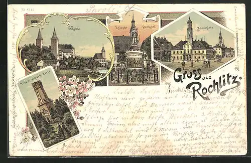 Lithographie Rochlitz, Schloss, Marktplatz und Kriegerdenkmal