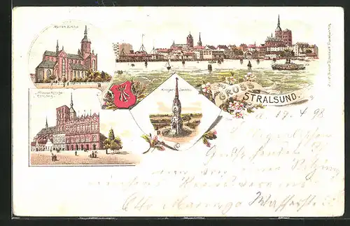 Lithographie Stralsund, Krieger-Denkmal, Marienkirche, Nicolaikirche und Rathaus