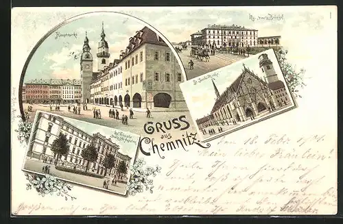 Lithographie Chemnitz, St. Jacobi-Kirche, Hauptmarkt und Kgl. Technische Staats-Lehr-Anstalten