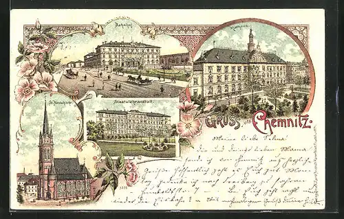 Lithographie Chemnitz, Bahnhof, Rathaus und Staatslehranstalt