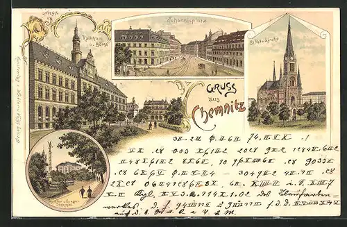 Lithographie Chemnitz, Johannisplatz, St. Petrikirche und Theater u. Siegesdenkmal