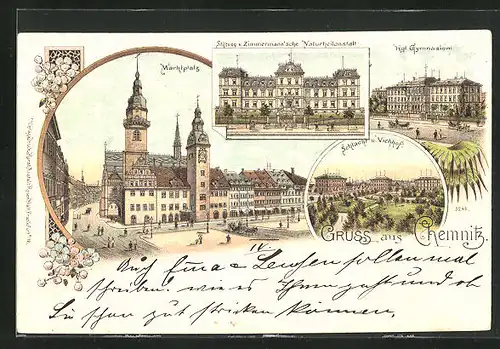 Lithographie Chemnitz, Kgl. Gymnasium, Schlacht u. Viehhof und Marktplatz