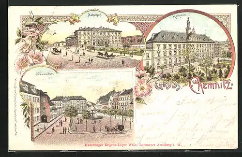 Lithographie Chemnitz, Rathaus, Bahnhof und Neumarkt