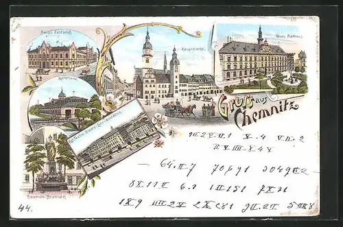 Lithographie Chemnitz, Markthalle, Neues Rathaus und Saxonia-Brunnen