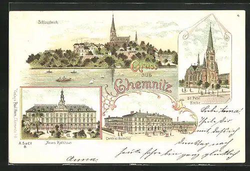 Lithographie Chemnitz, St. Petrikirche, Neues Rathaus und Central Bahnhof