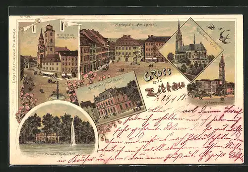 Lithographie Zittau, Katholische-Kirche, Weinau-Restaurant und Marktplatz mit Amtsgericht