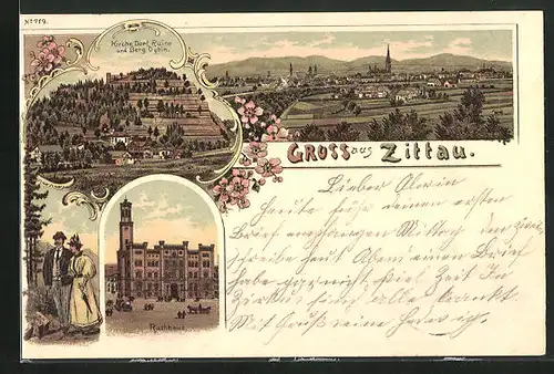 Lithographie Zittau, Rathaus Kirche, und Ruine